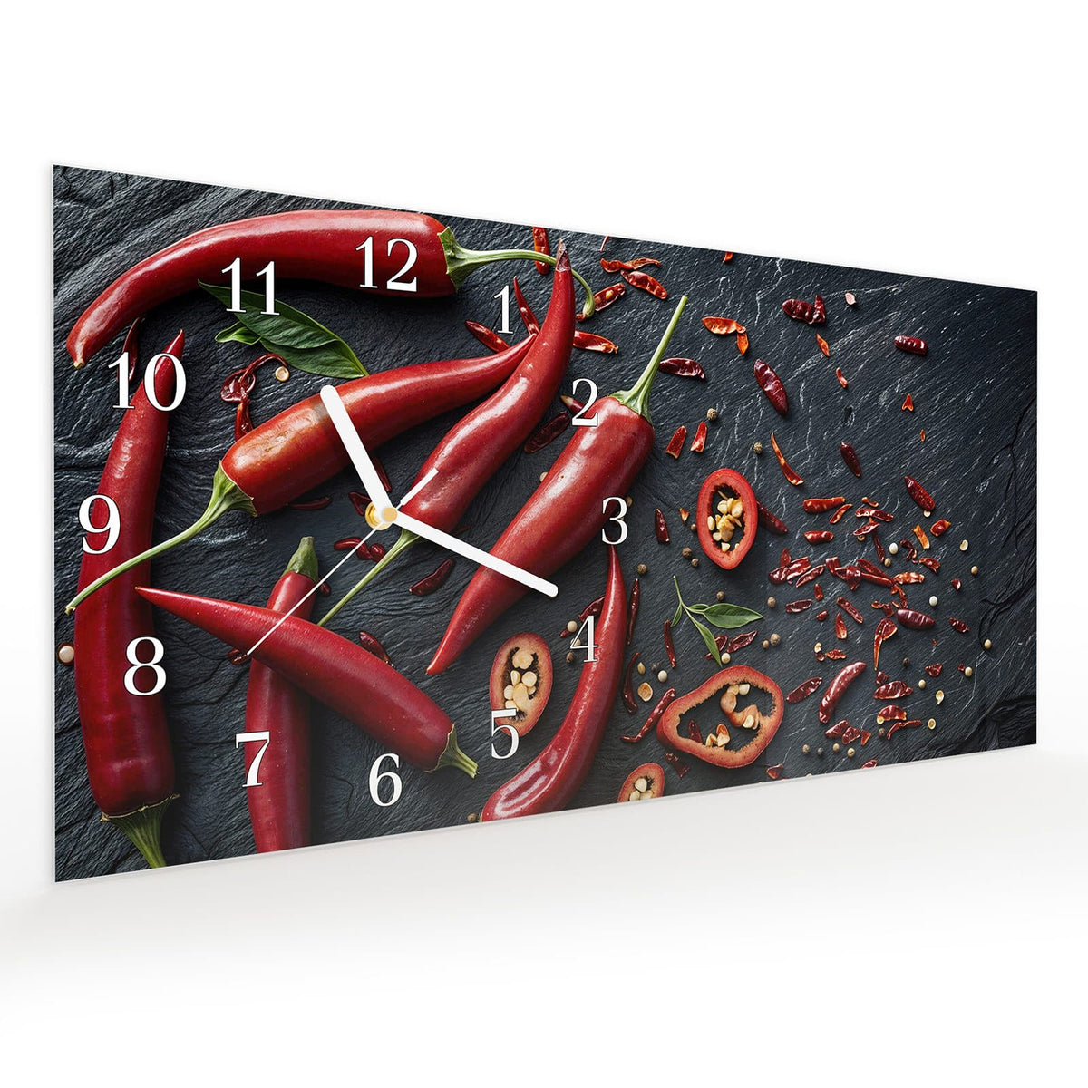 Vormontiert – mit Schwebeeffekt – Wanduhr Rote Chili Schoten aus Glas – Querformat 60 × 30 cm