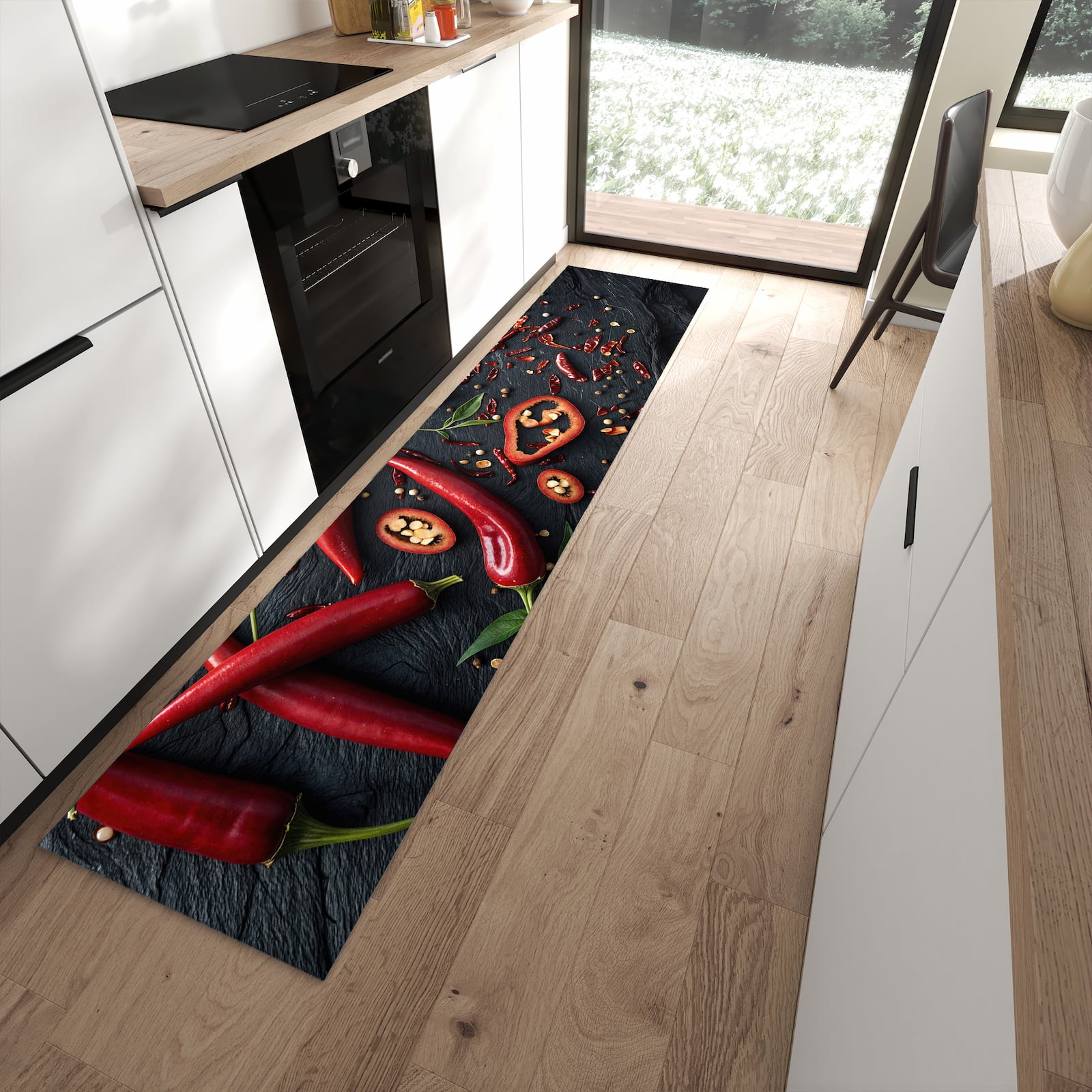 Bodenschonender langer Teppich mit Motiv Rote Chili Schoten in moderner Küche