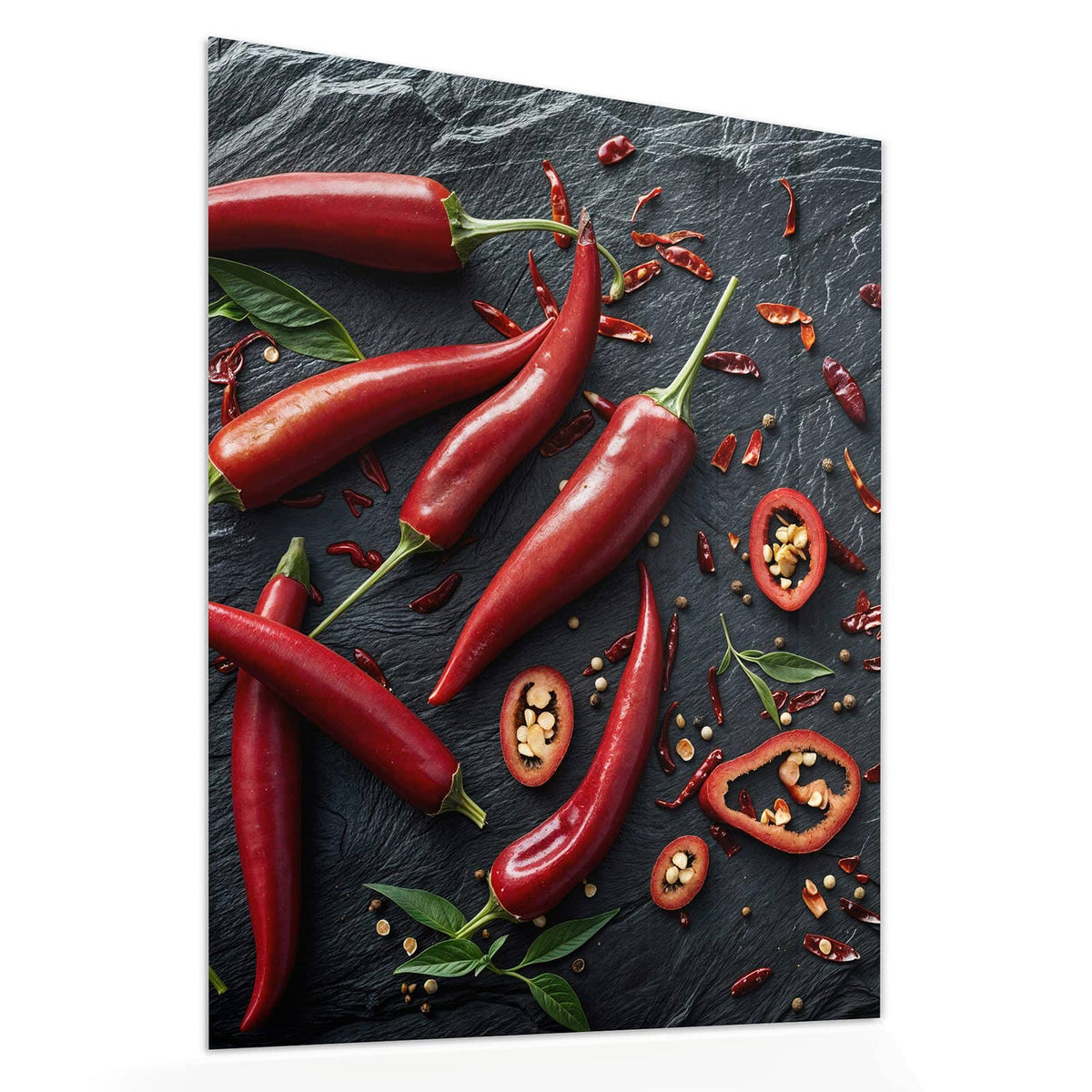 Echtglas, 4 mm – kein Acryl, keine Folie – Wandbild - Feurige Chilis - Hochformat