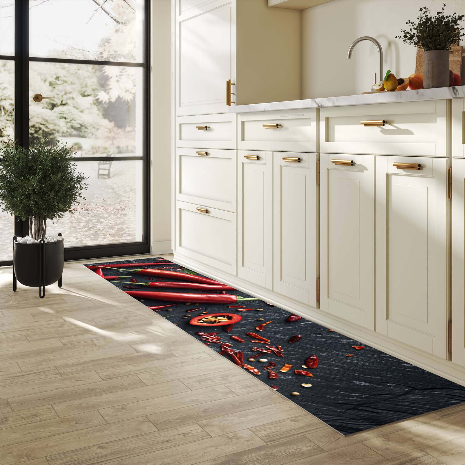 Abriebfester rutschfester Küchenläufer mit Motiv Rote Chili Schoten in heller Küche