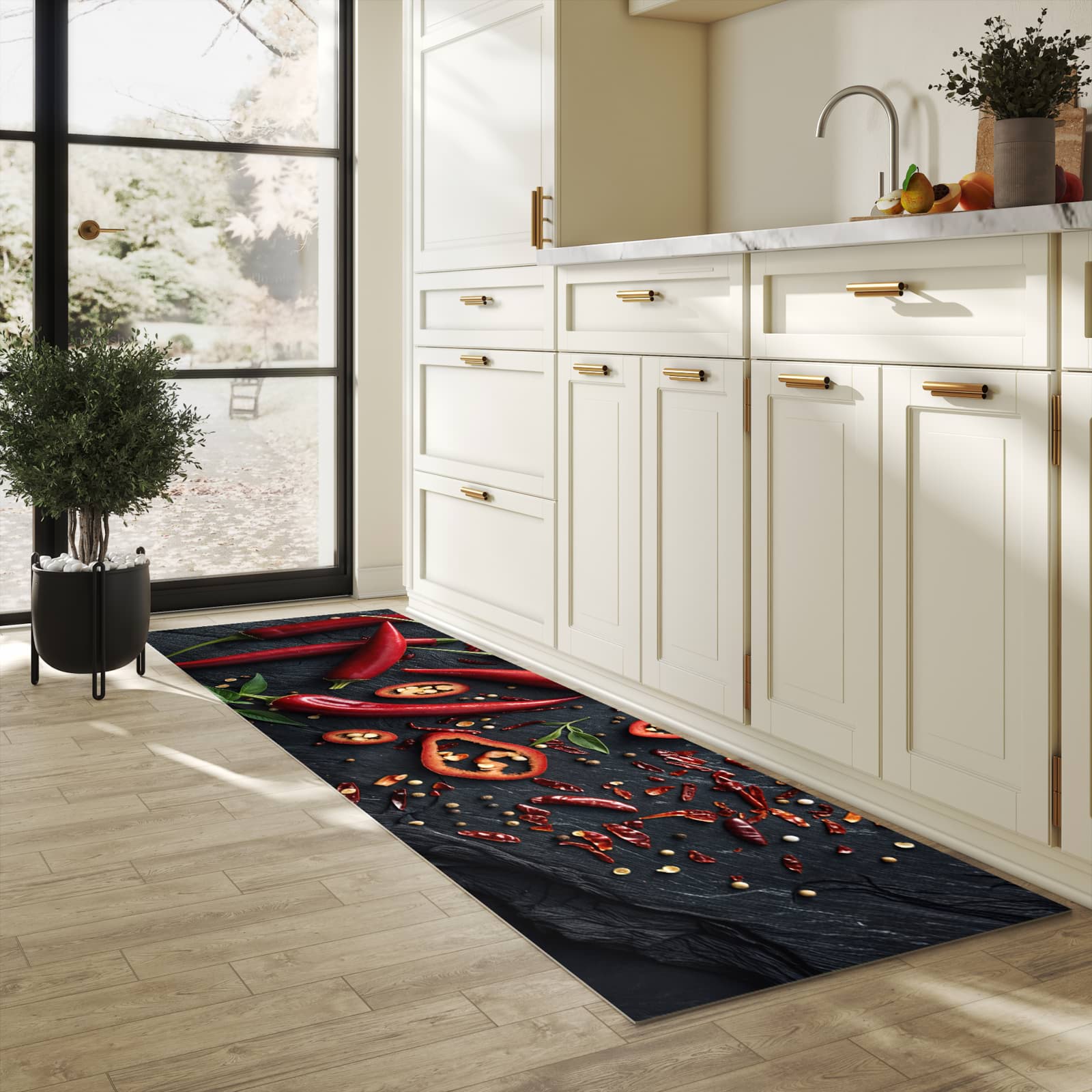 Fleckenresistenter rutschfester Küchenläufer mit Motiv Rote Chili Schoten in heller Küche