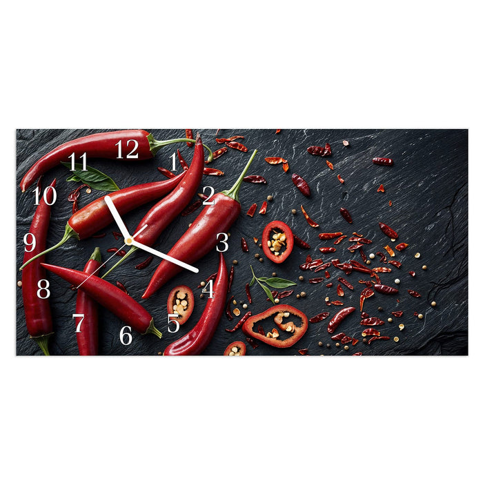 Wanduhr Rote Chili Schoten aus Glas – Querformat 60 × 30 cm mit Ziffernblatt Klassisch