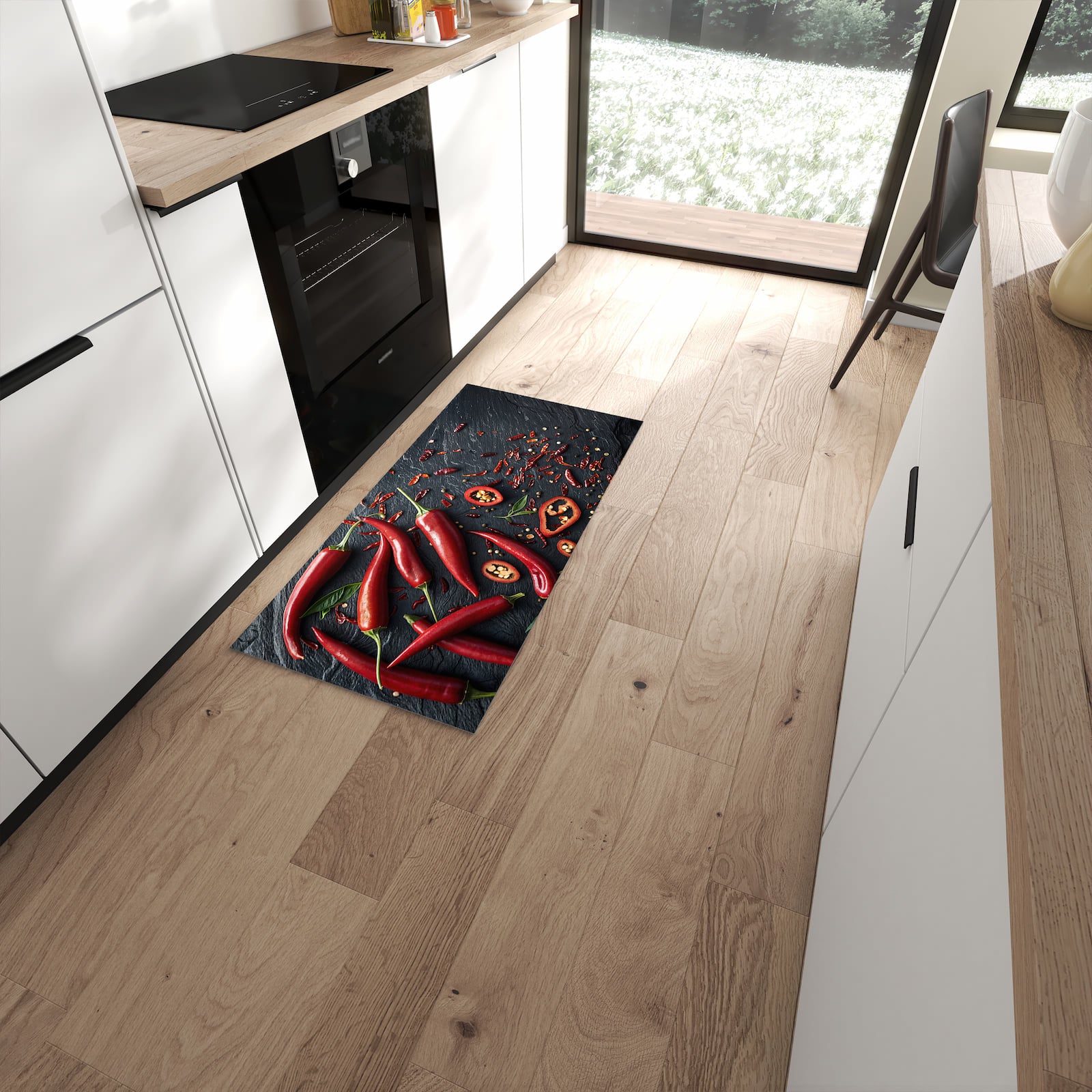 Waschbarer Küchenläufer mit Motiv Rote Chili Schoten in moderner Küche #grösse_60 x 120 cm