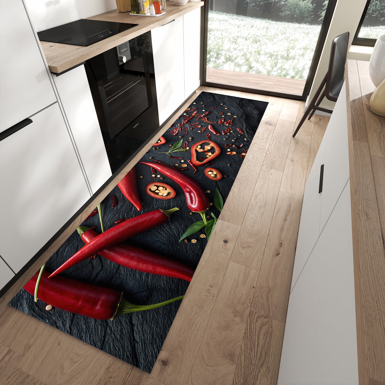 Waschbarer Küchenteppich mit Motiv Rote Chili Schoten in moderner Küche für sichere Aufbewahrung