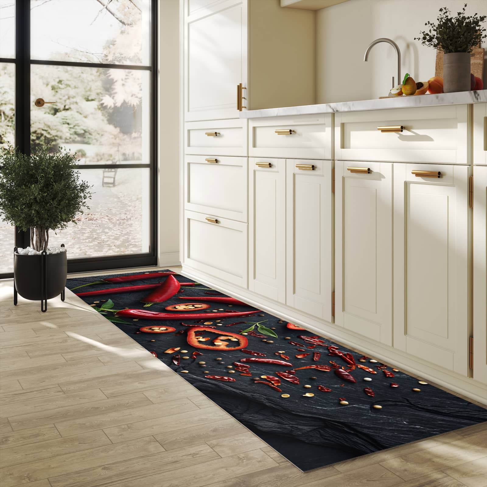 Schmutzabweisender moderner Küchenläufer mit Motiv Rote Chili Schoten in heller Küche