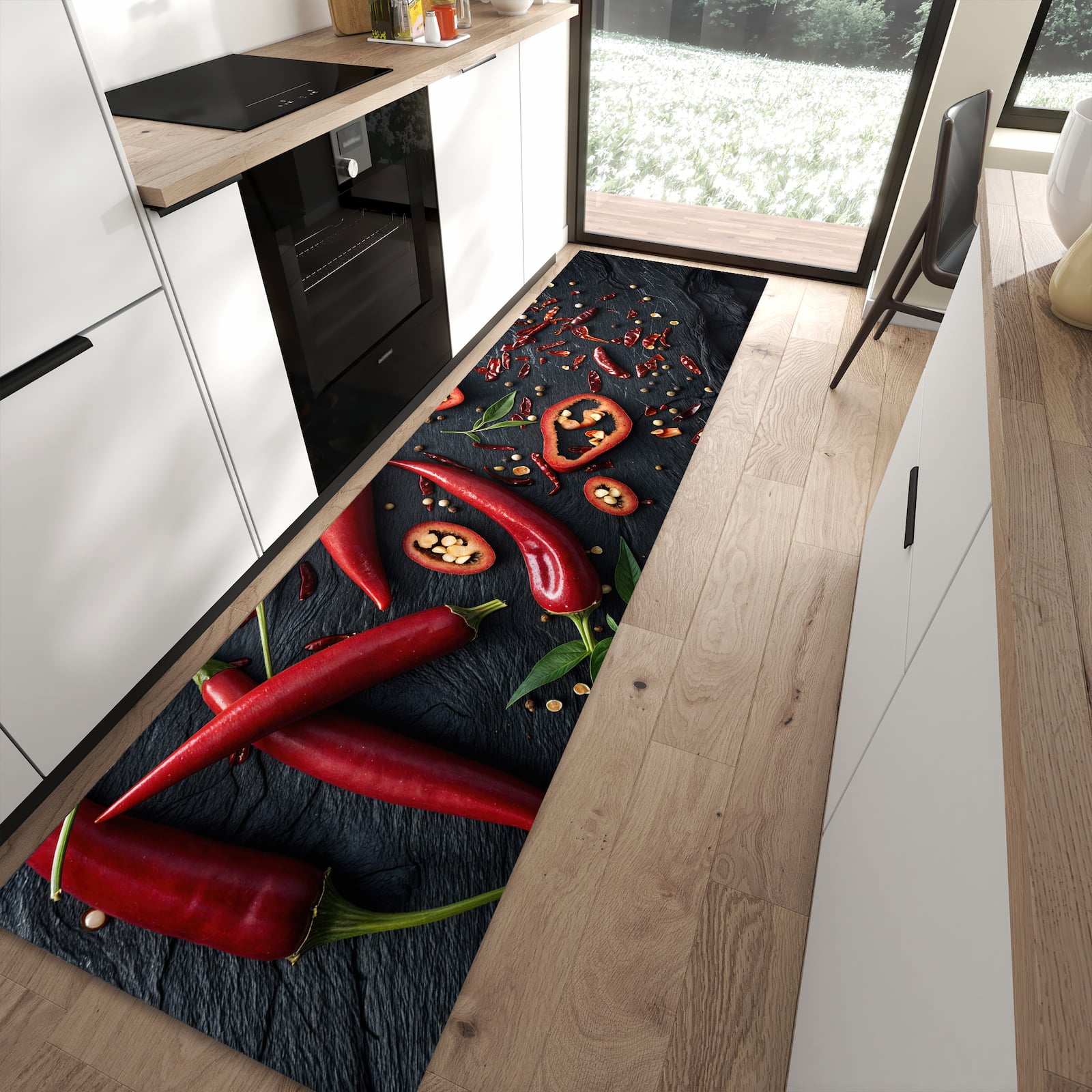 Waschbarer Teppich fürs Esszimmer mit Motiv Rote Chili Schoten in moderner Küche