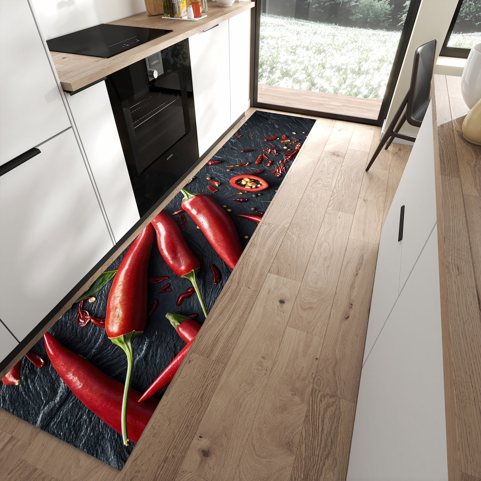 Küchenläufer mit Motiv Rote Chili Schoten für Ordnung im Eingangsbereich moderner Küche
