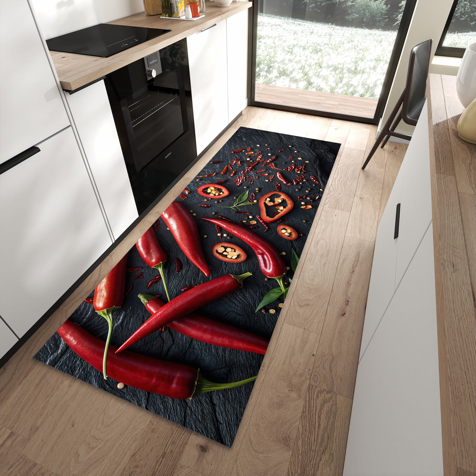 Abriebfester rutschfester Küchenteppich mit Motiv Rote Chili Schoten in moderner Küche