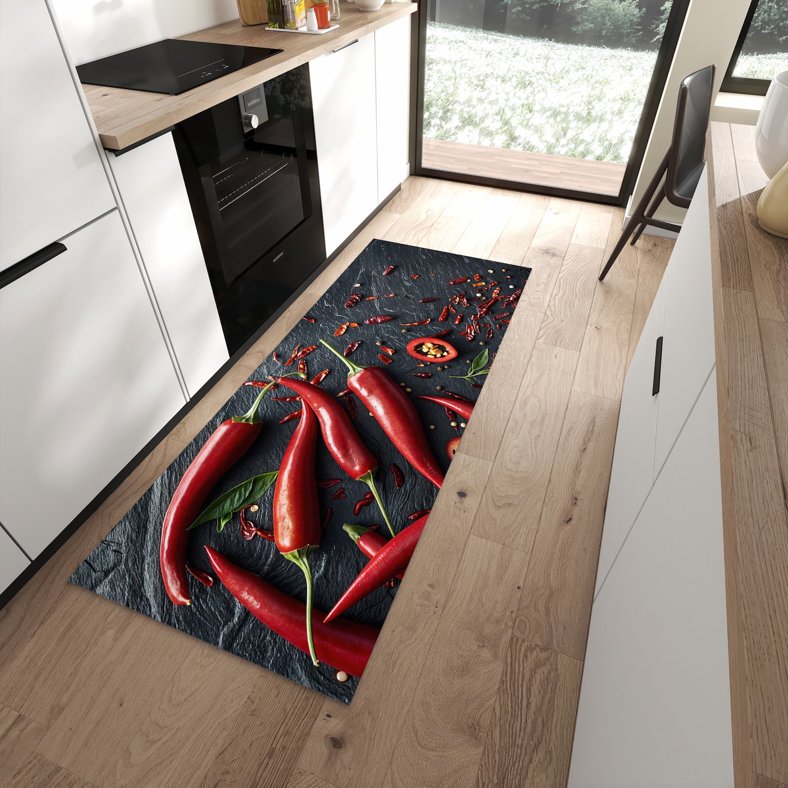 Farbbeständiger dünner Teppich mit Motiv Rote Chili Schoten in moderner Küche