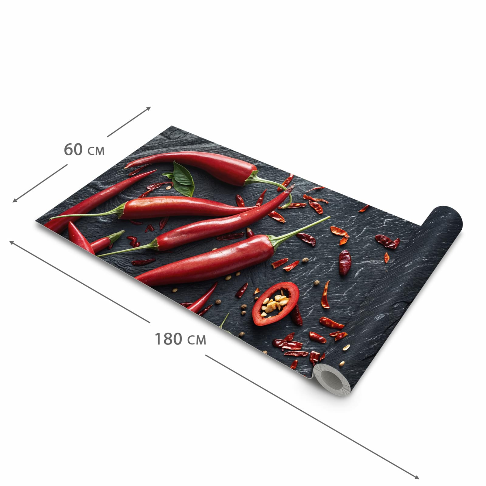 Langlebiger dünner Küchenteppich mit Motiv Rote Chili Schoten in der Grösse 90x240 cm