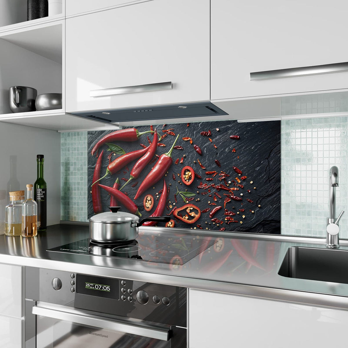 Küchenrückwand aus Glas Feurige Chilis im Hochformat als Spritzschutz hinter dem Kochfeld, über dem Fliesenspiegel montiert