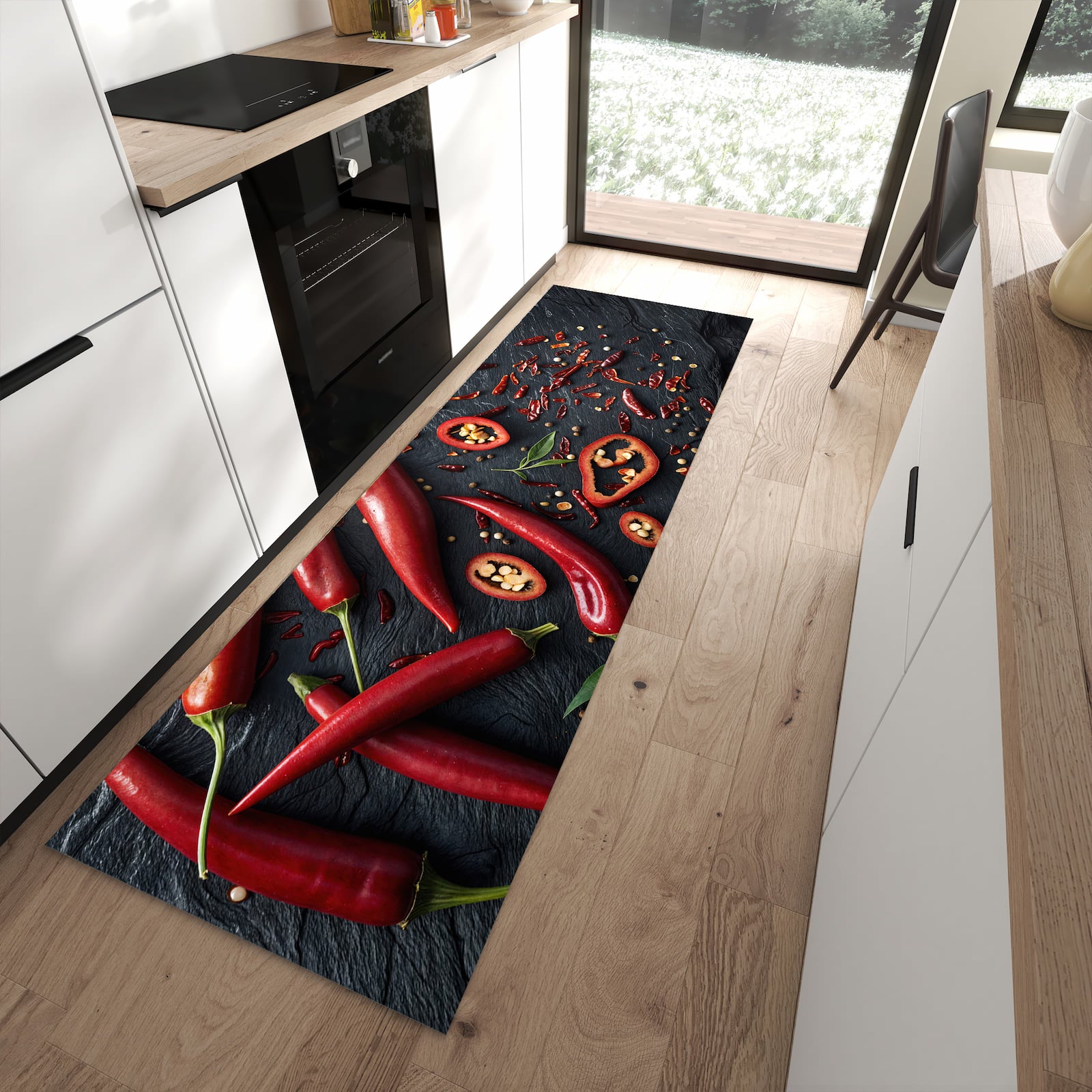 Formstabiler rutschfester Küchenteppich mit Motiv Rote Chili Schoten in moderner Küche