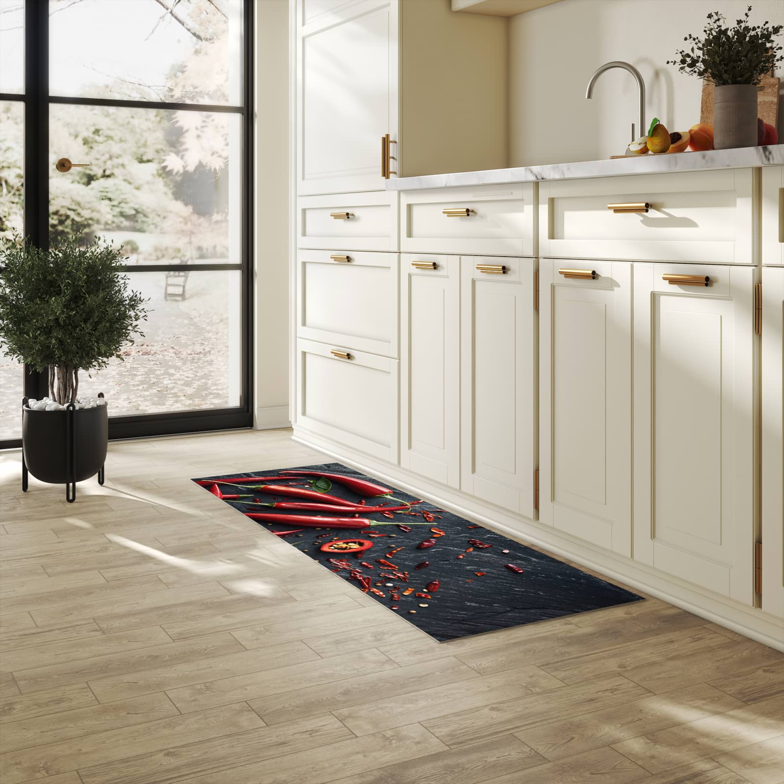 Küchenteppich mit Motiv Rote Chili Schoten in heller Küche für sichere Aufbewahrung
