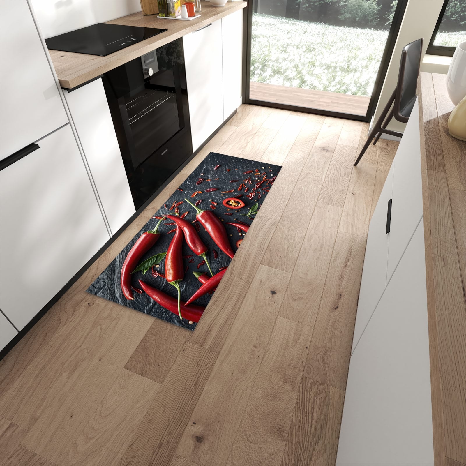 Langlebiger Küchenläufer mit Motiv Rote Chili Schoten in moderner Küche #grösse_60 x 150 cm