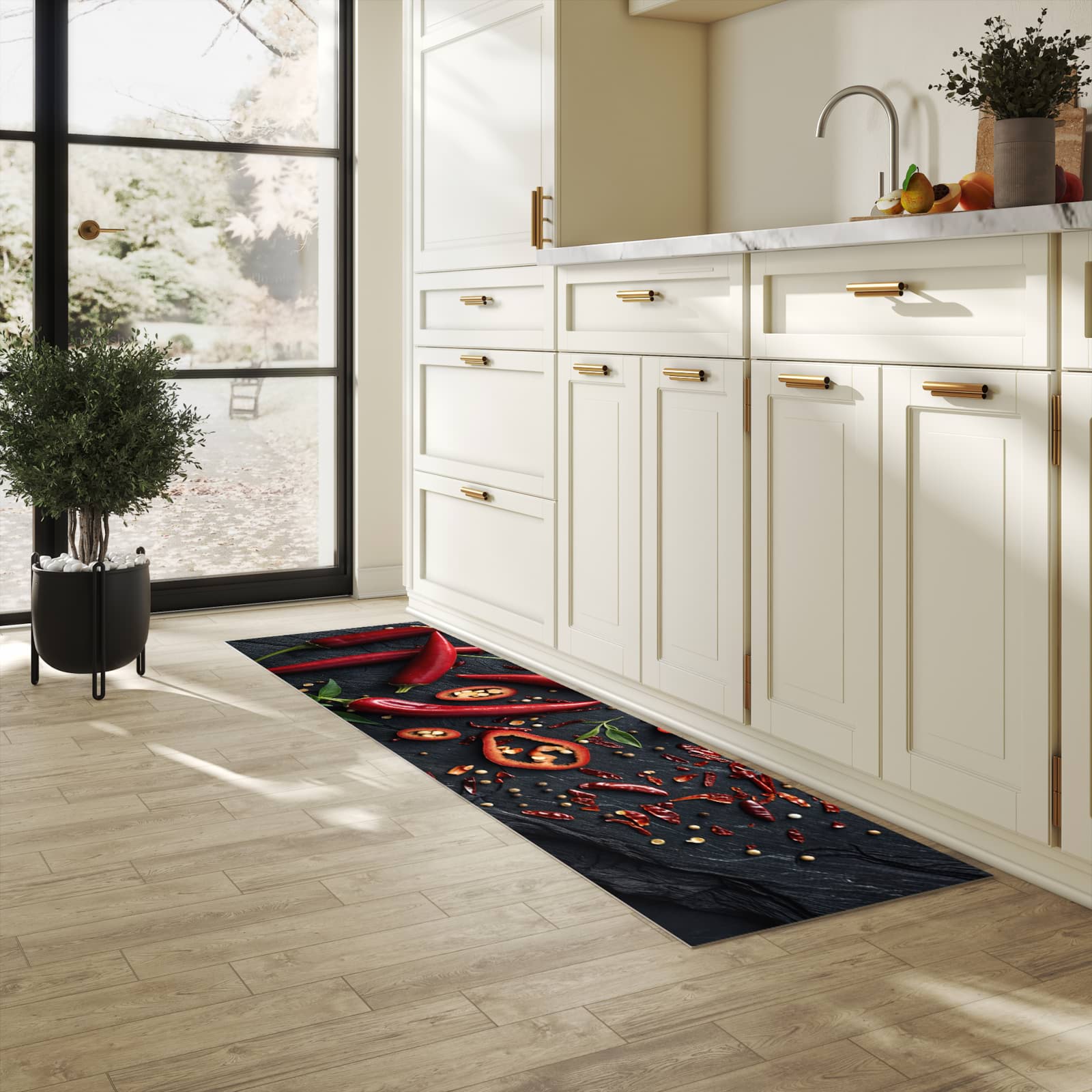 Zeitsparender Küchenläufer mit Motiv Rote Chili Schoten in heller Küche