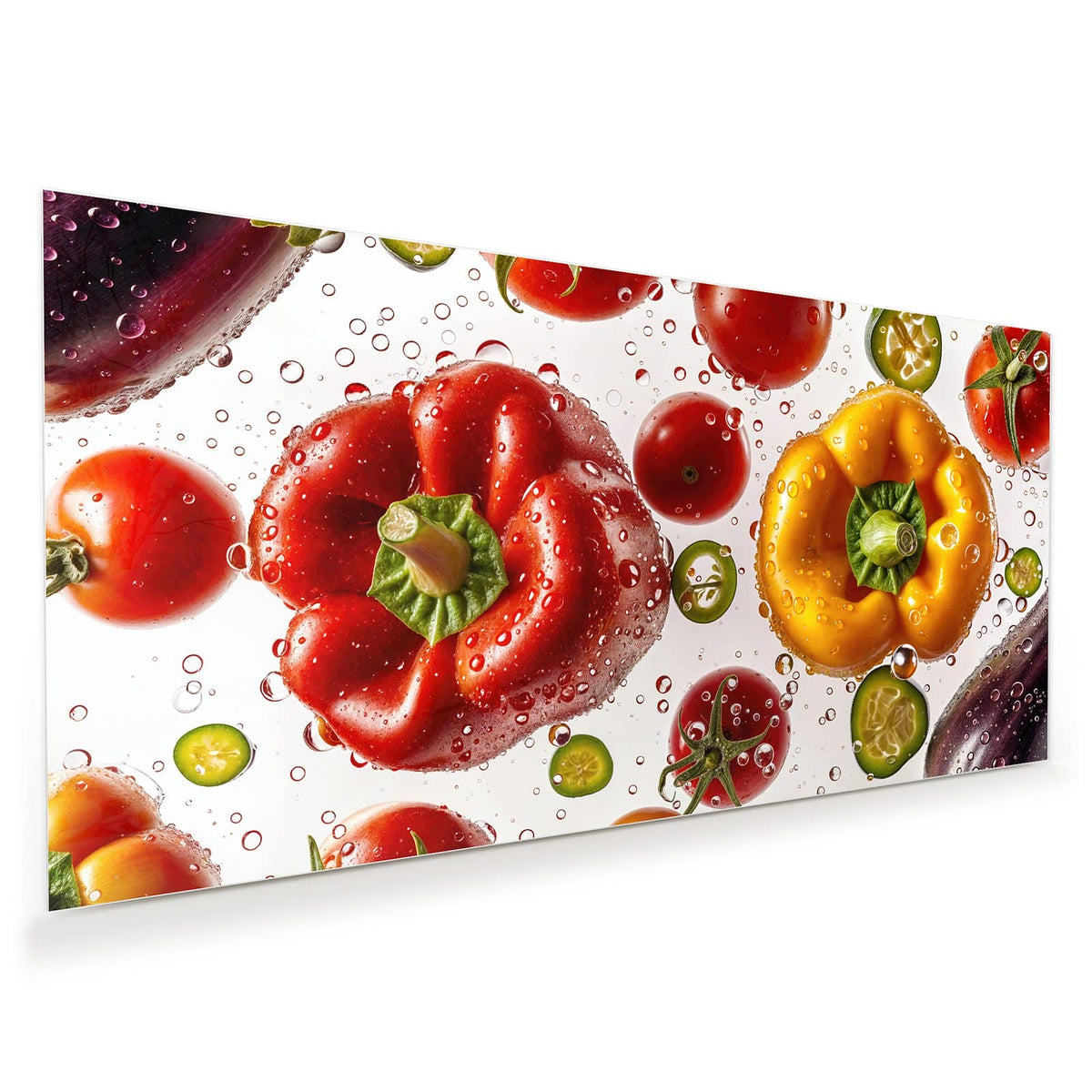 Rote und gelbe Paprika, Tomaten, Gurken- und Chilischeiben mit Wassertropfen auf Weiß