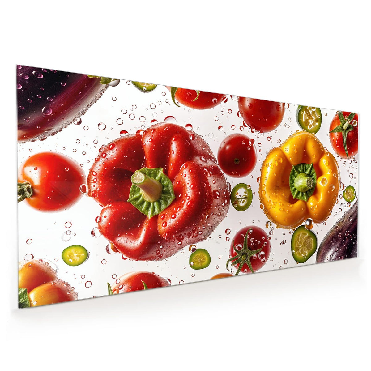 Küchenrückwand aus Glas im Hochformat: Rote und gelbe Paprika, Tomaten, Gurken- und Chilischeiben mit Wassertropfen auf Weiß