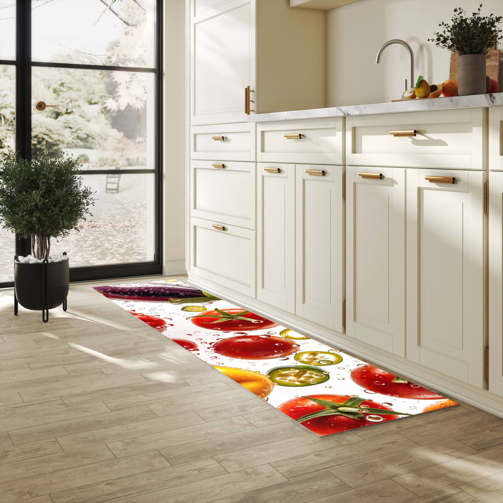 Hygienischer Bodenläufer Teppich mit Motiv Frisches Gemüsebunt in heller Küche