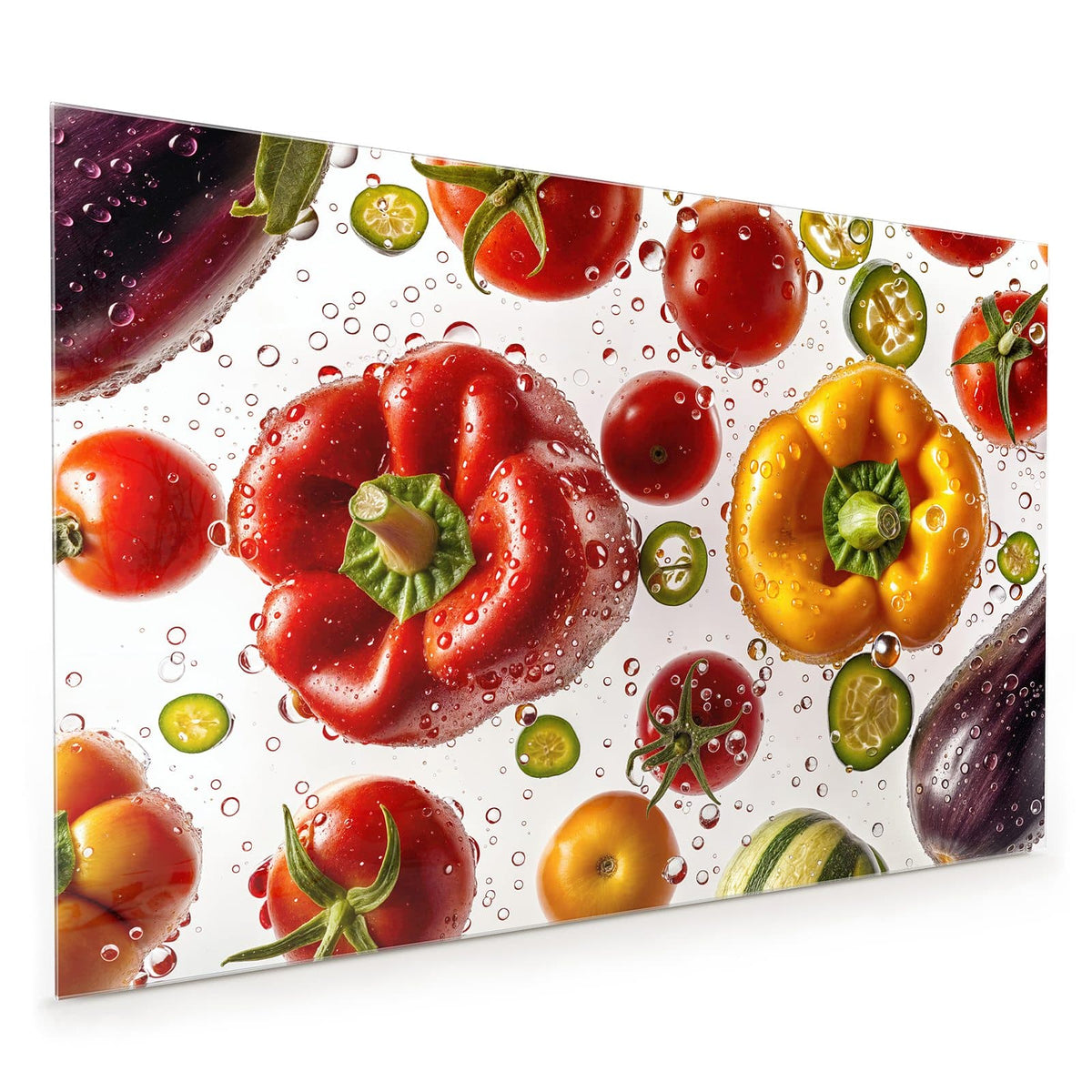 Küchenrückwand aus Glas im Hochformat: Rote und gelbe Paprika, Tomaten, Gurken- und Chilischeiben mit Wassertropfen auf Weiß