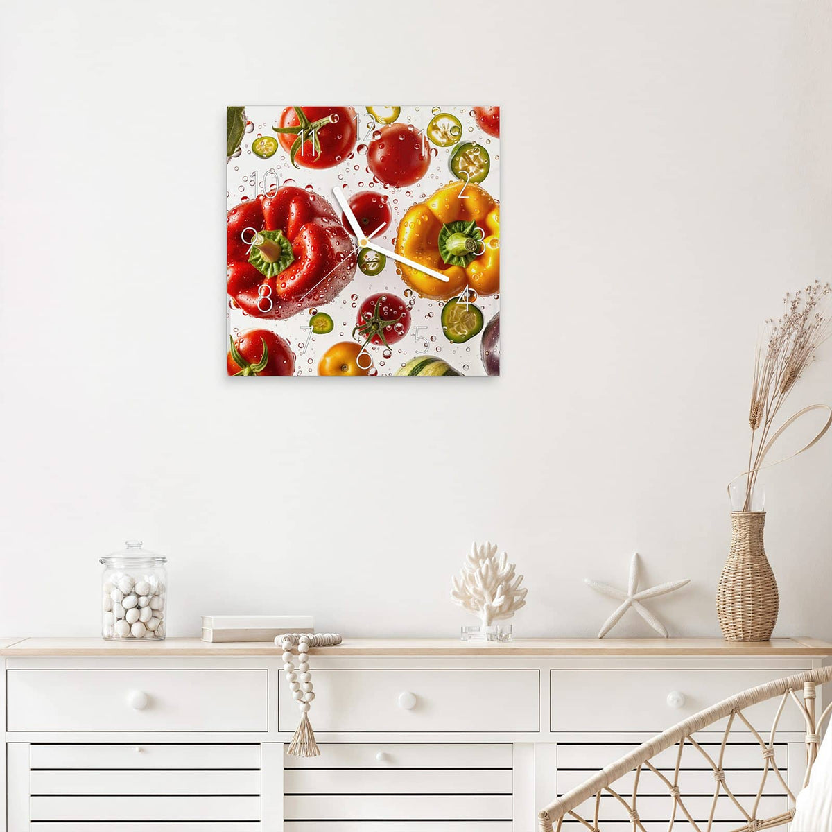 Wanduhr Paprika und Tomaten aus Glas – Quadratisch 30 × 30 cm – Paprika, Tomaten und Gurken mit Tropfen