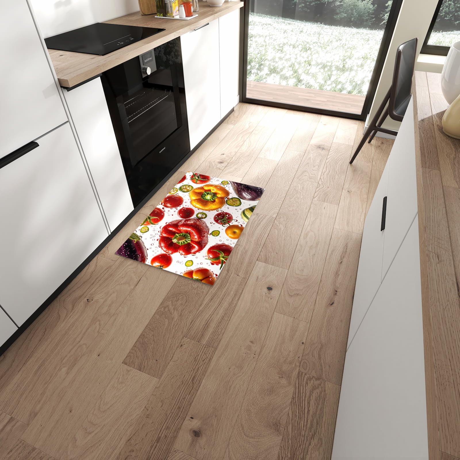 Pflegeleichter Läufer für die Küche mit Motiv Frisches Gemüsebunt in moderner Küche