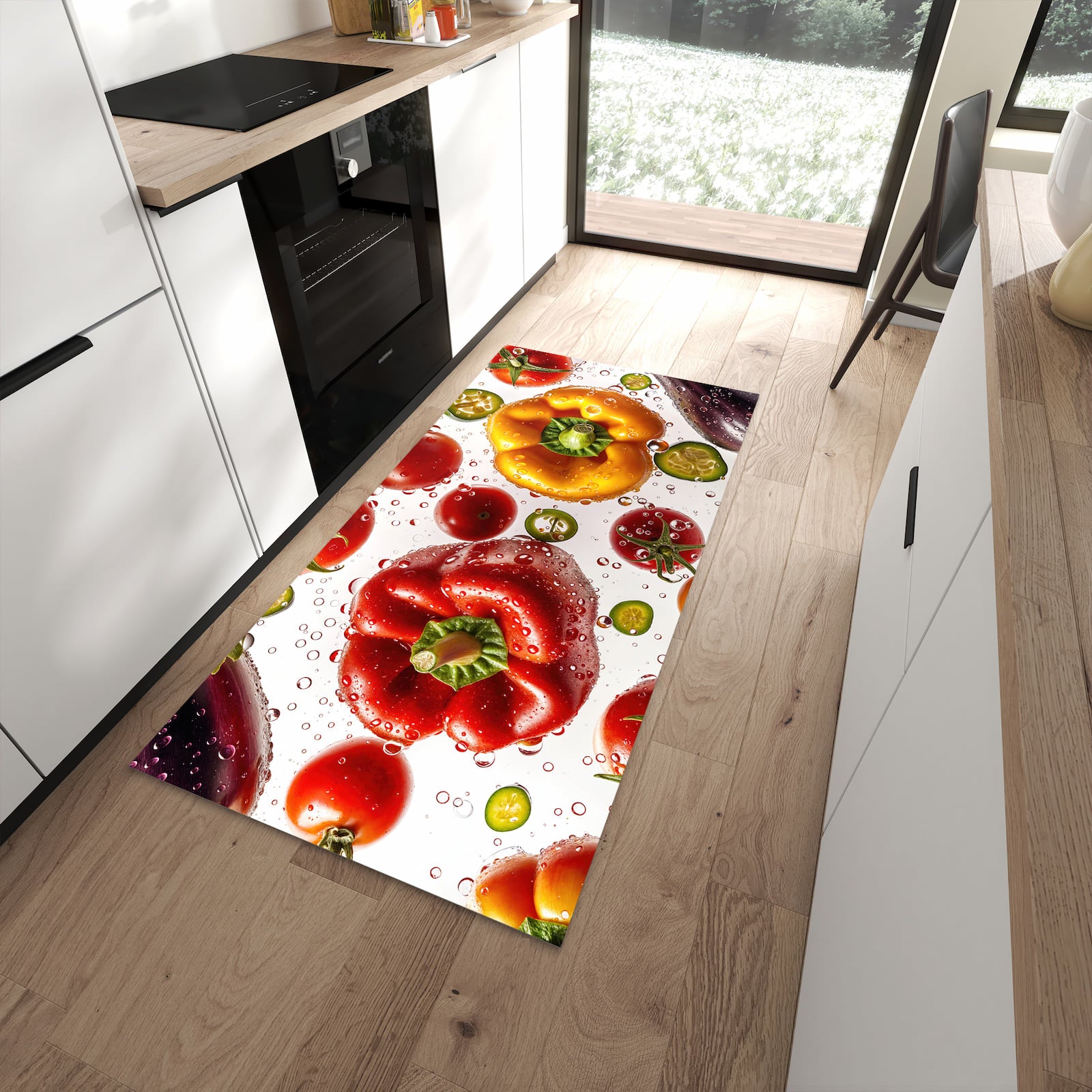 Hygienischer Küchenteppich mit Motiv Frisches Gemüsebunt in moderner Küche - waschbar