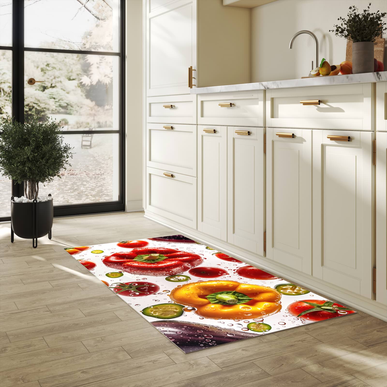 Waschbarer Küchenteppich mit Motiv Frisches Gemüsebunt für Ordnung in heller Küche