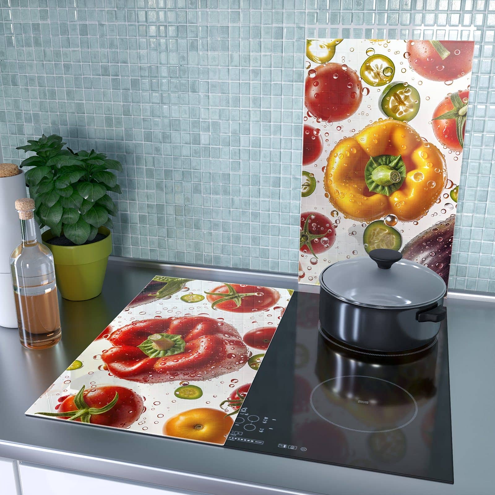 2-teilige Abdeckplatten für Herd mit Buntes Frischgemüse-Motiv als Spritzschutz hinter dem Kochfeld