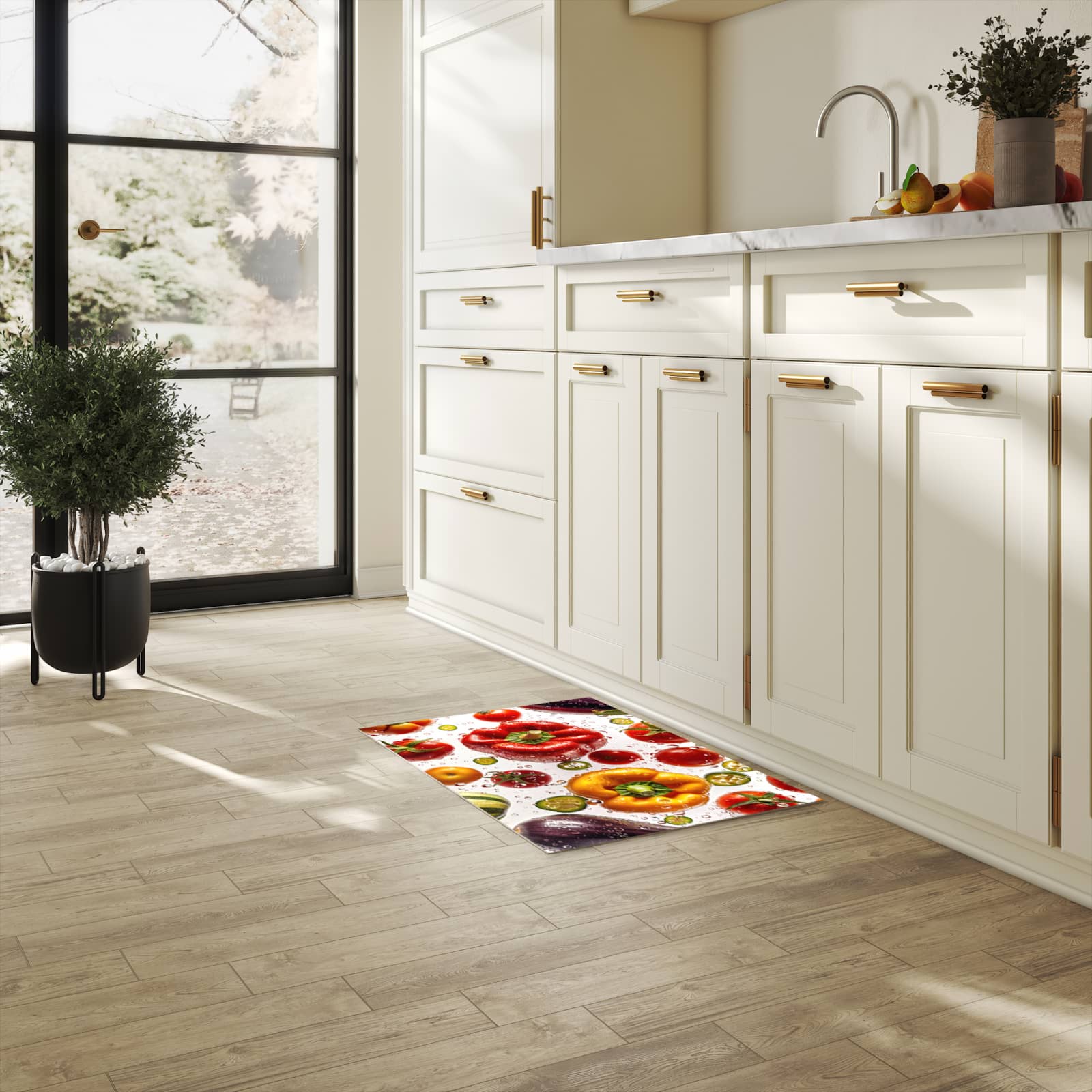 Waschbarer Küchenteppich mit Motiv Frisches Gemüsebunt in heller Küche