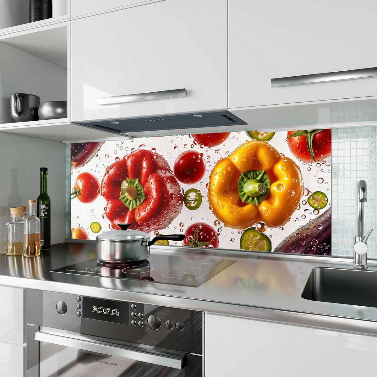 Küchenrückwand aus Glas Paprika und Tomaten im Hochformat als Spritzschutz hinter dem Kochfeld, über dem Fliesenspiegel montiert