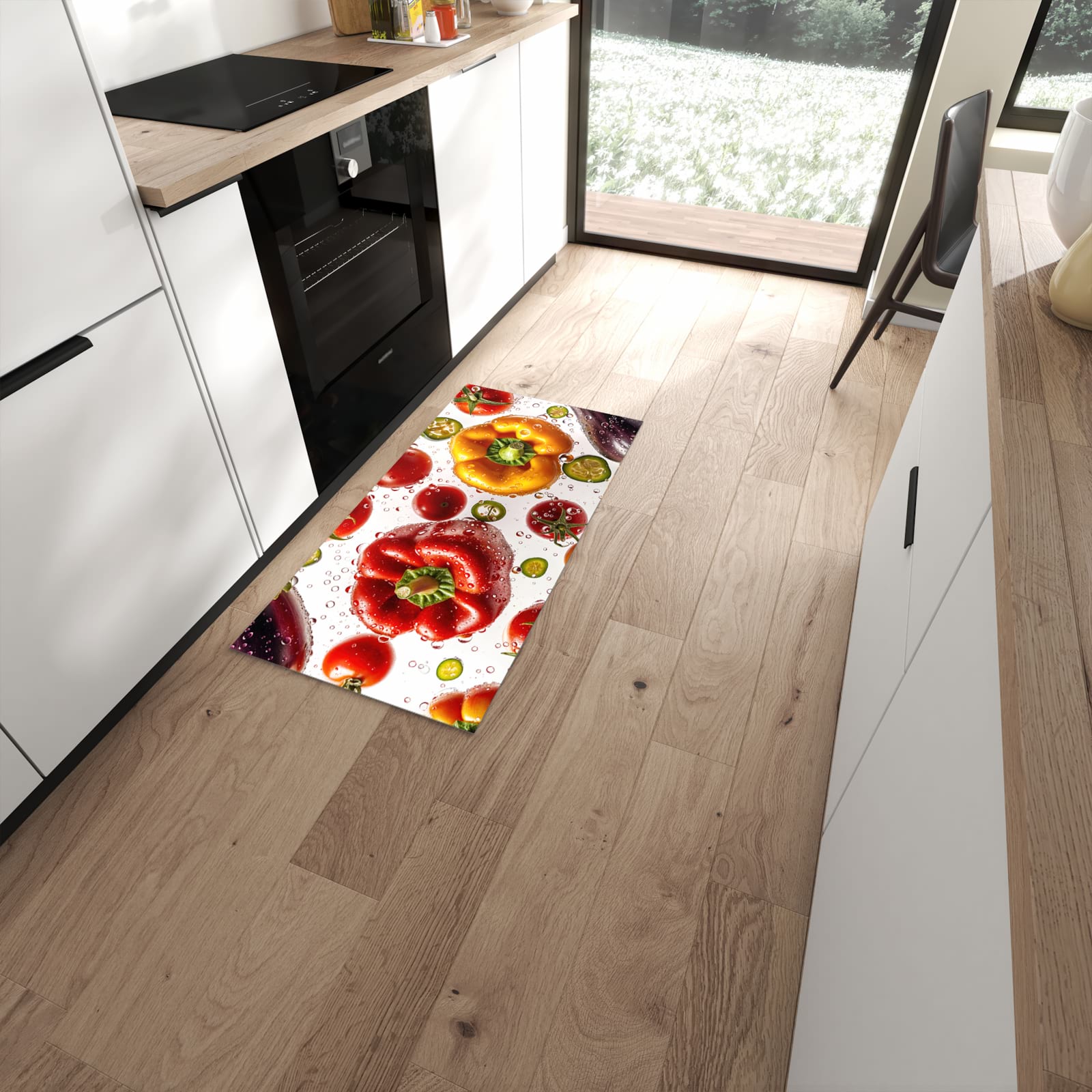Wasserabweisender Teppich für Küche mit Motiv Frisches Gemüsebunt in moderner Küche #grösse_60 x 120 cm