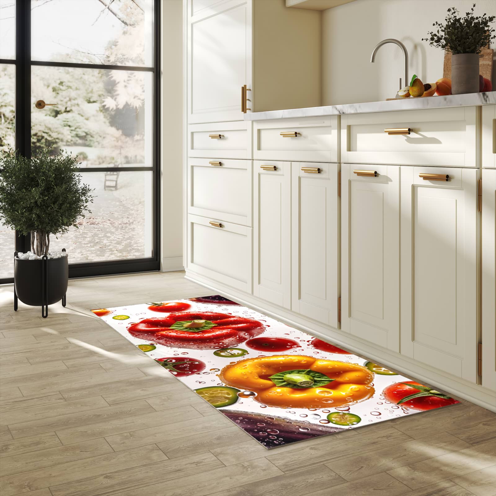 Langlebiger Küchenläufer mit Motiv Frisches Gemüsebunt in heller Küche