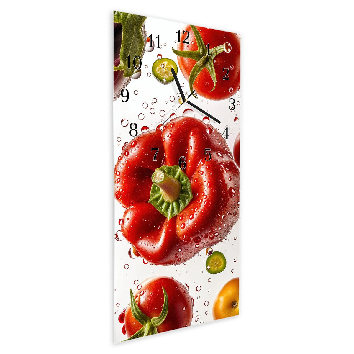 Vormontiert – mit Schwebeeffekt – Wanduhr Buntes Frischgemüse aus Glas – Hochformat 30 × 60 cm