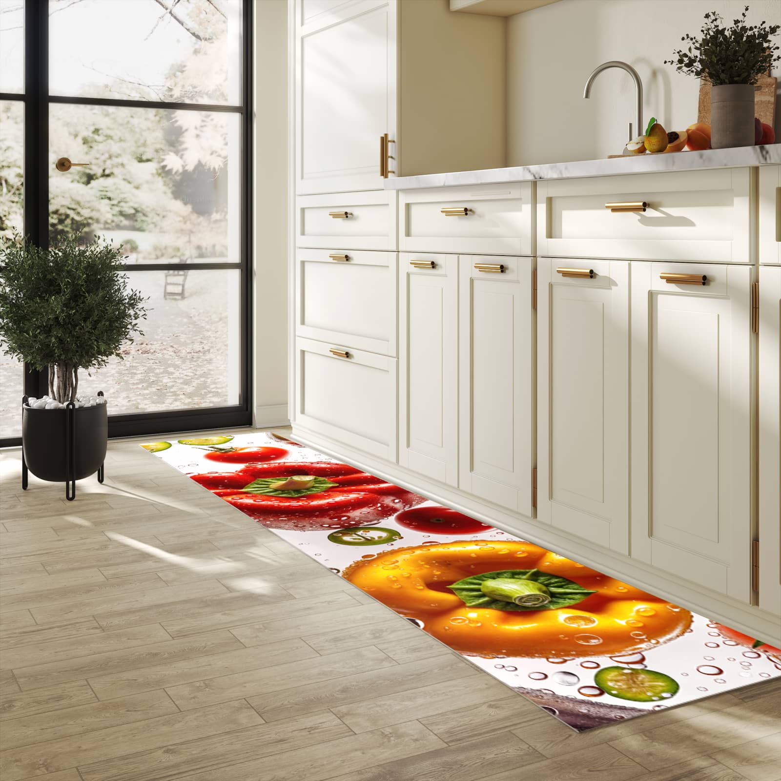Strapazierfähiger Küchenteppich mit Motiv Frisches Gemüsebunt in heller Küche