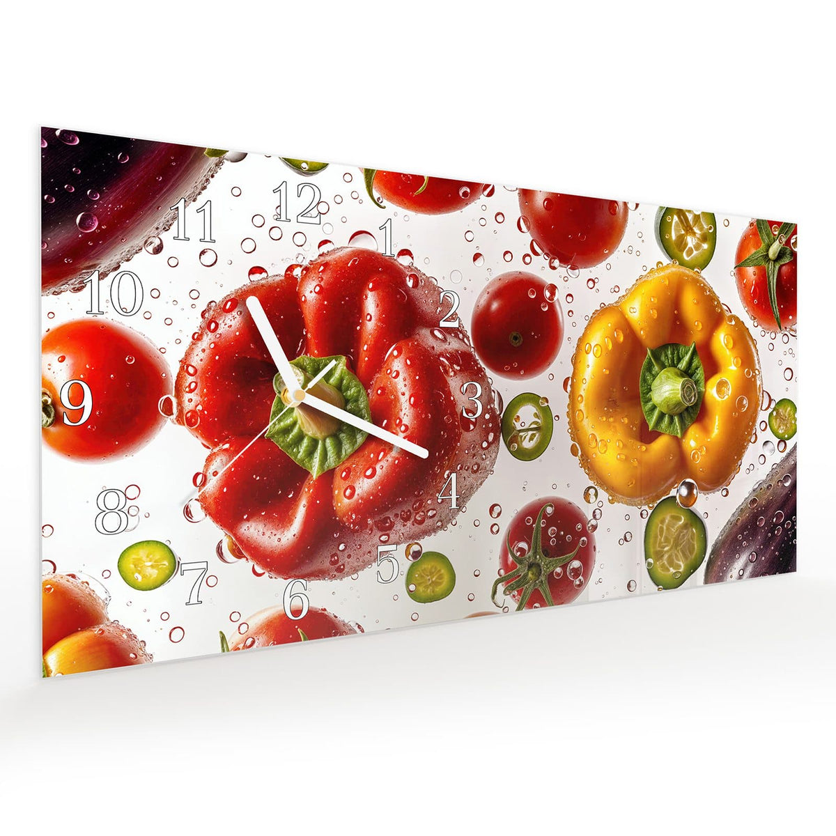 Vormontiert – mit Schwebeeffekt – Wanduhr Buntes Frischgemüse aus Glas – Querformat 60 × 30 cm
