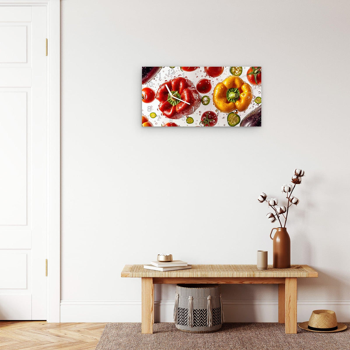 Moderne Wanduhr aus Glas mit Farbtiefe – Wanduhr Buntes Frischgemüse aus Glas – Querformat 60 × 30 cm