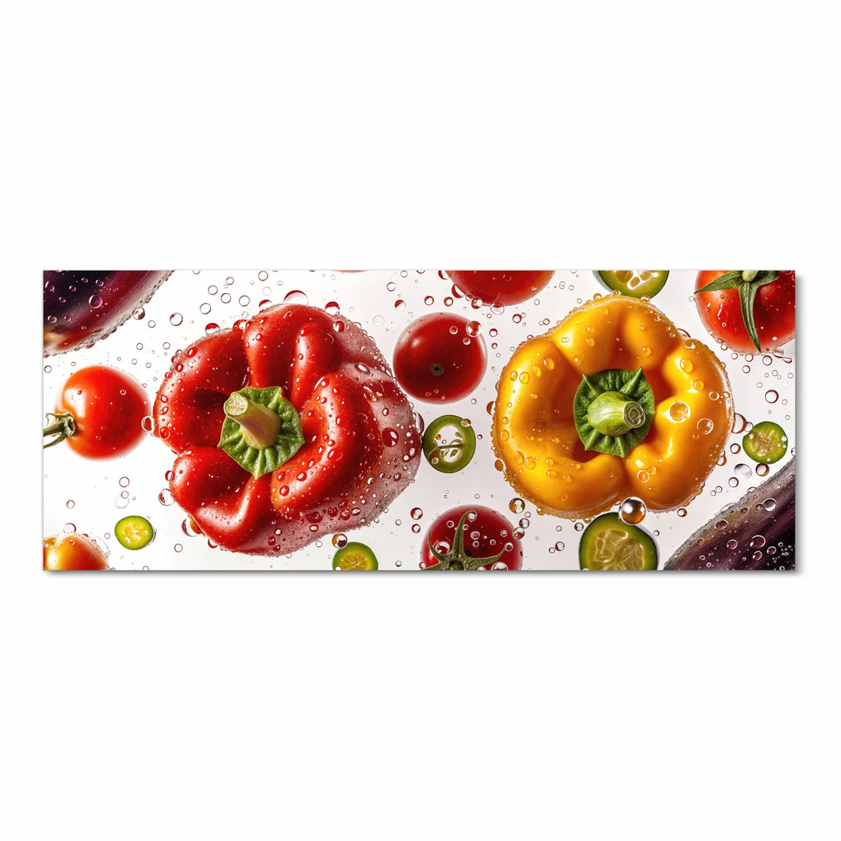 Rote und gelbe Paprika, Tomaten, Gurken- und Chilischeiben mit Wassertropfen auf Weiß