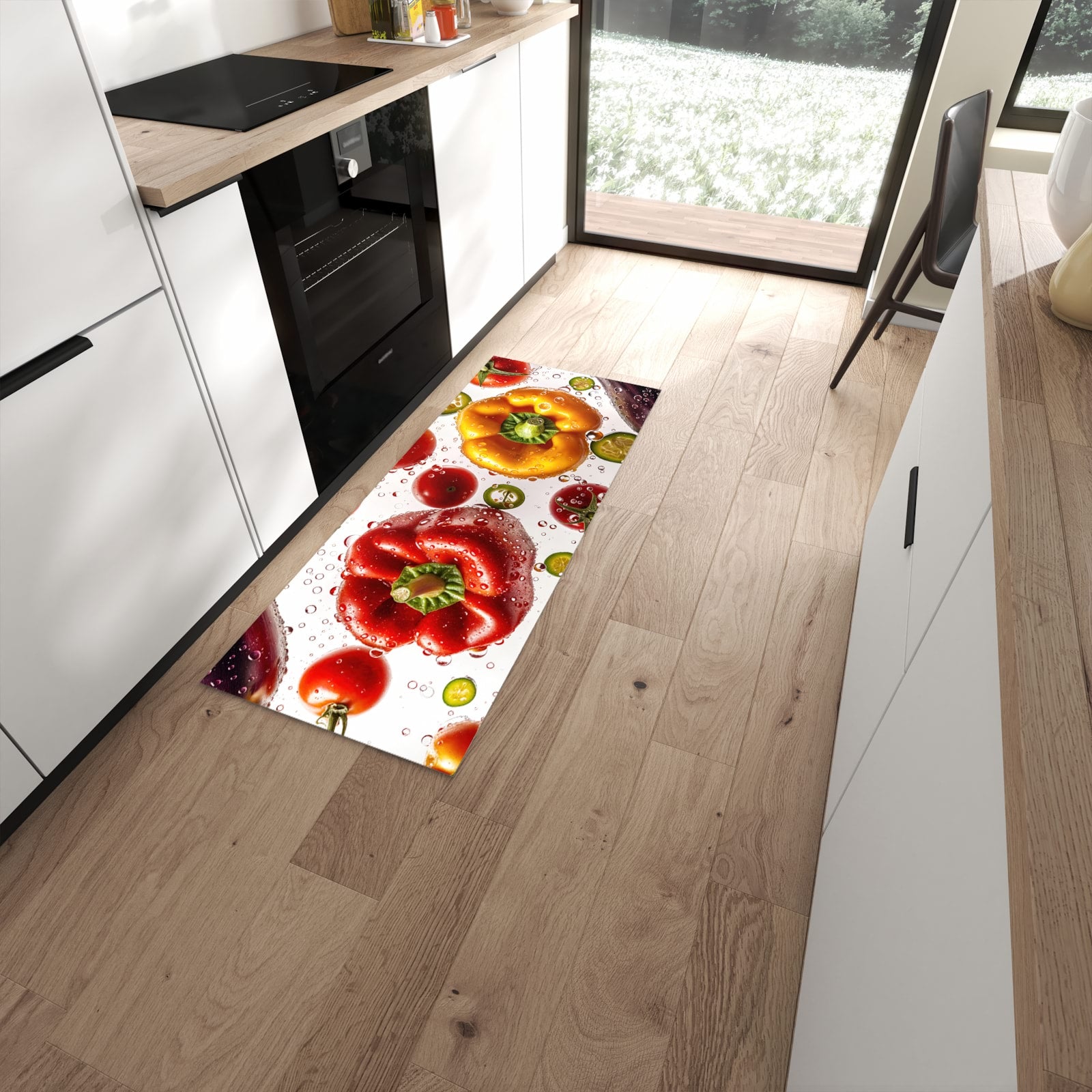 Fleckenresistenter Küchenteppich mit Motiv Frisches Gemüsebunt in moderner Küche #grösse_60 x 150 cm