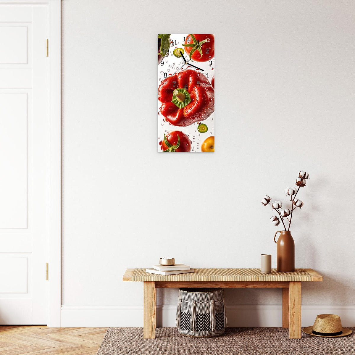 Moderne Wanduhr aus Glas mit Farbtiefe – Wanduhr Buntes Frischgemüse aus Glas – Hochformat 30 × 60 cm