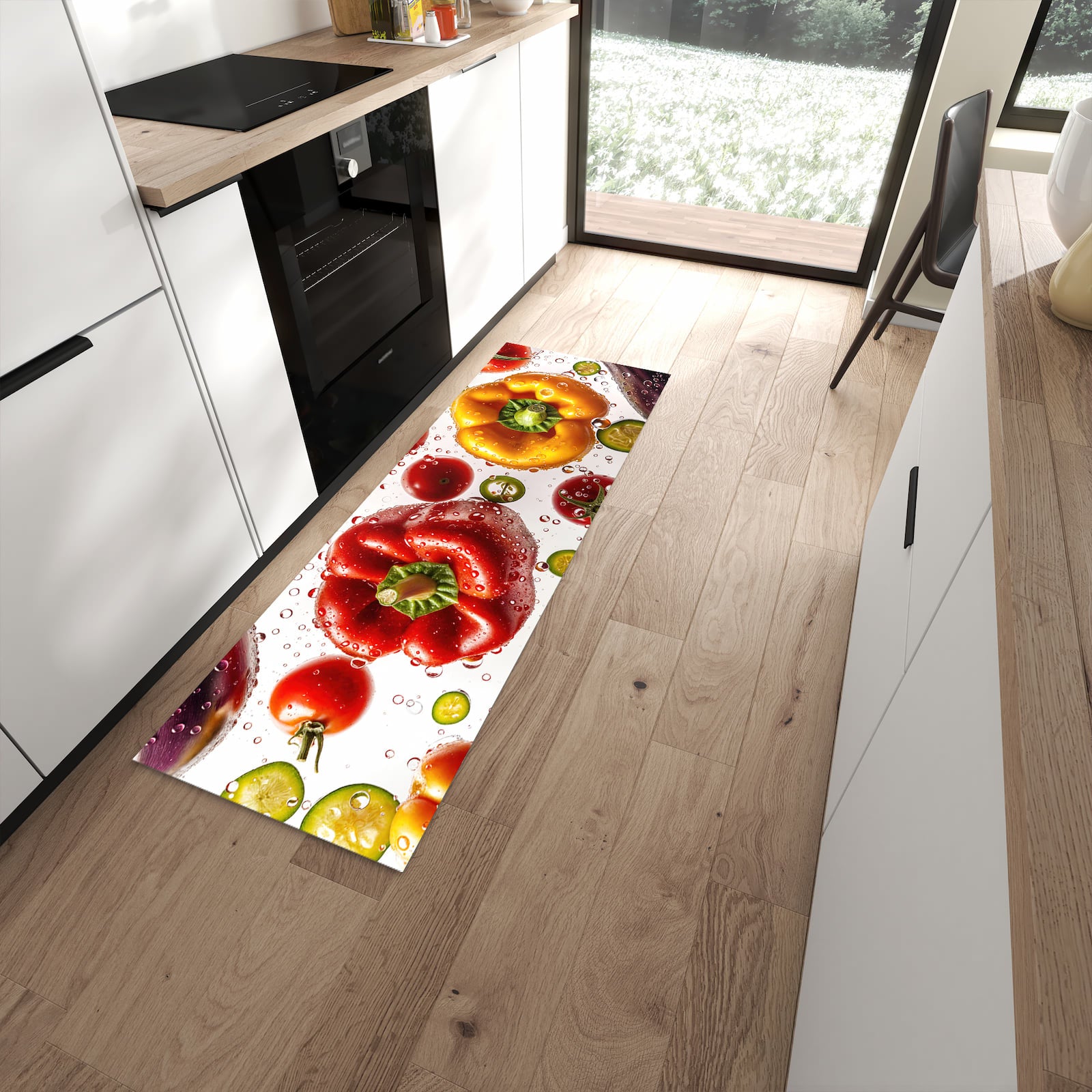 Schmutzabweisender Teppich für die Küche mit Motiv Frisches Gemüsebunt in moderner Küche