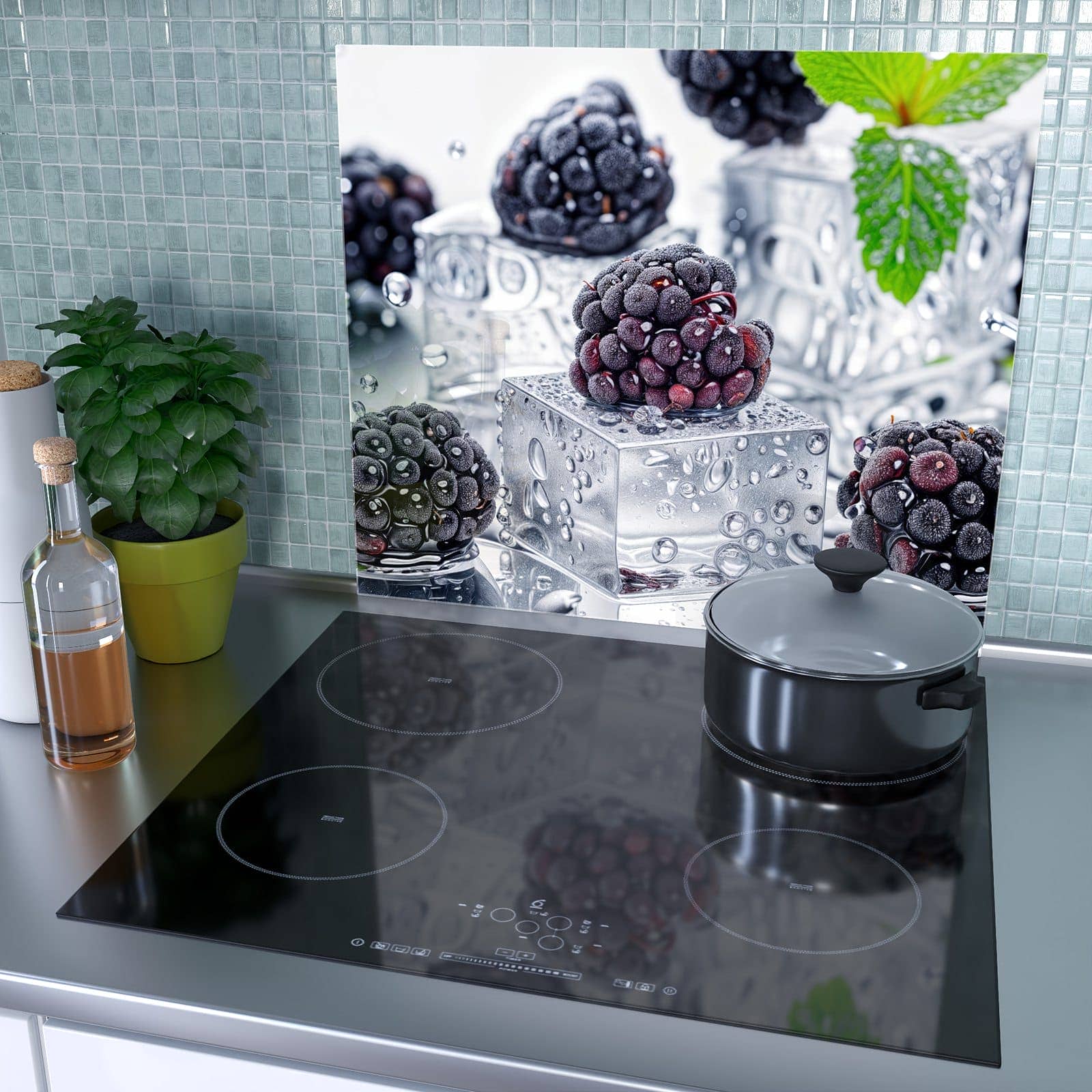 1-teilige Glasplatte für Herd mit Brombeeren Eiskalt-Motiv als Spritzschutz hinter dem Kochfeld