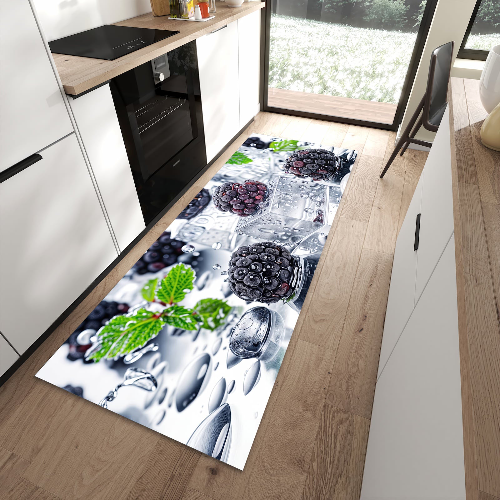 Komfortabler Küchenteppich mit Motiv Brombeeren Eiskalt in moderner Küche
