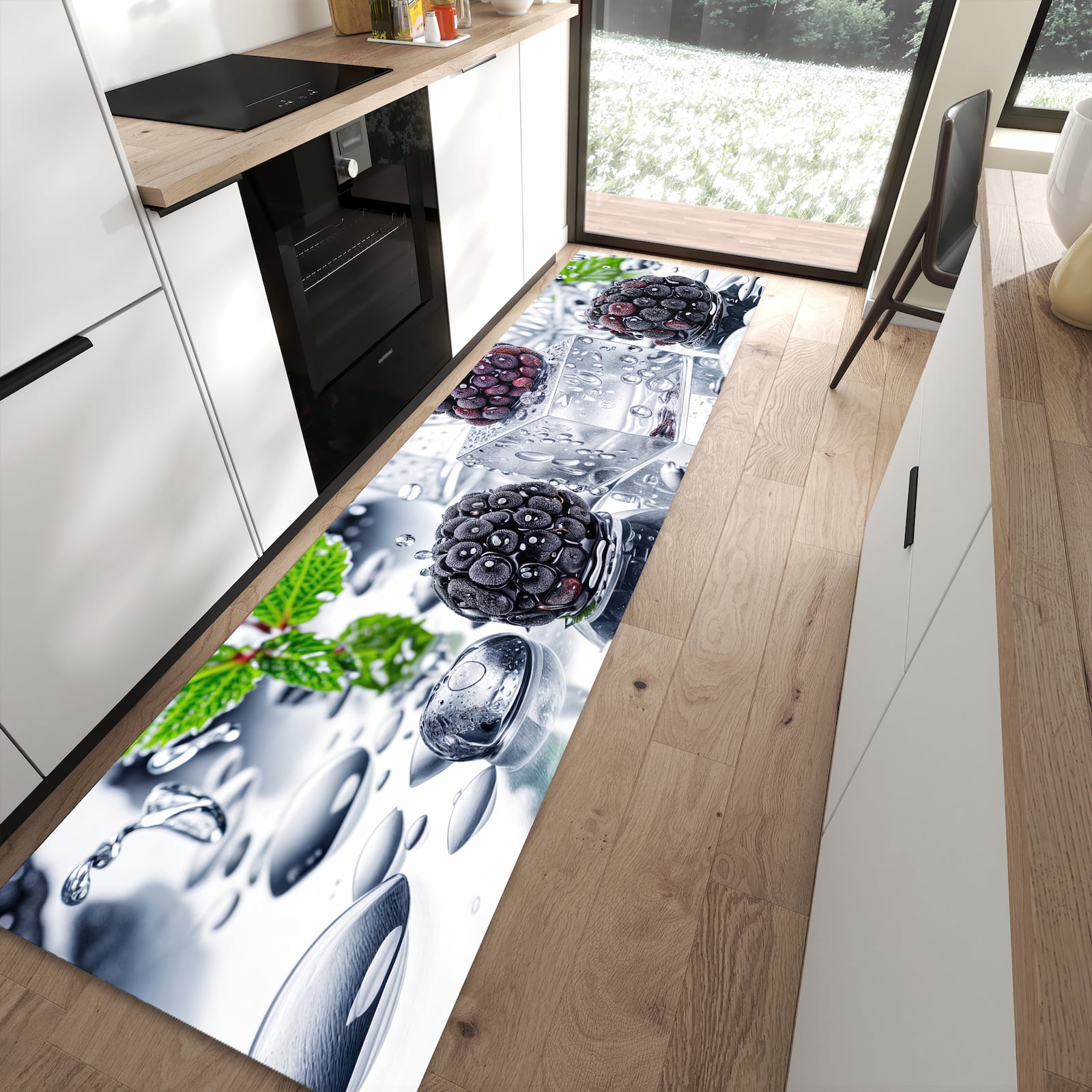 Abriebfester Küchenteppich mit Motiv Brombeeren Eiskalt in moderner Küche