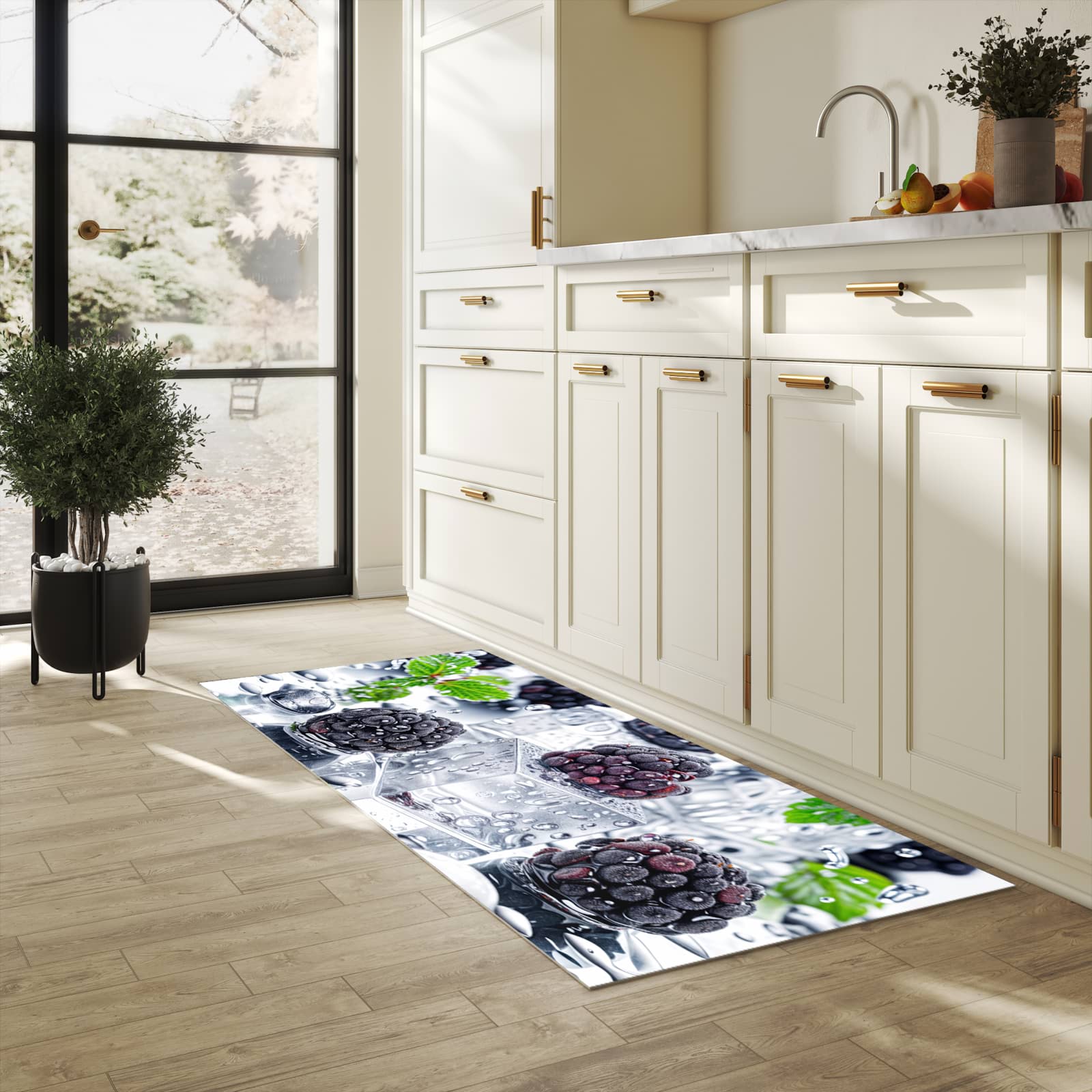 Fleckenresistenter langer Teppich mit Motiv Brombeeren Eiskalt in heller Küche