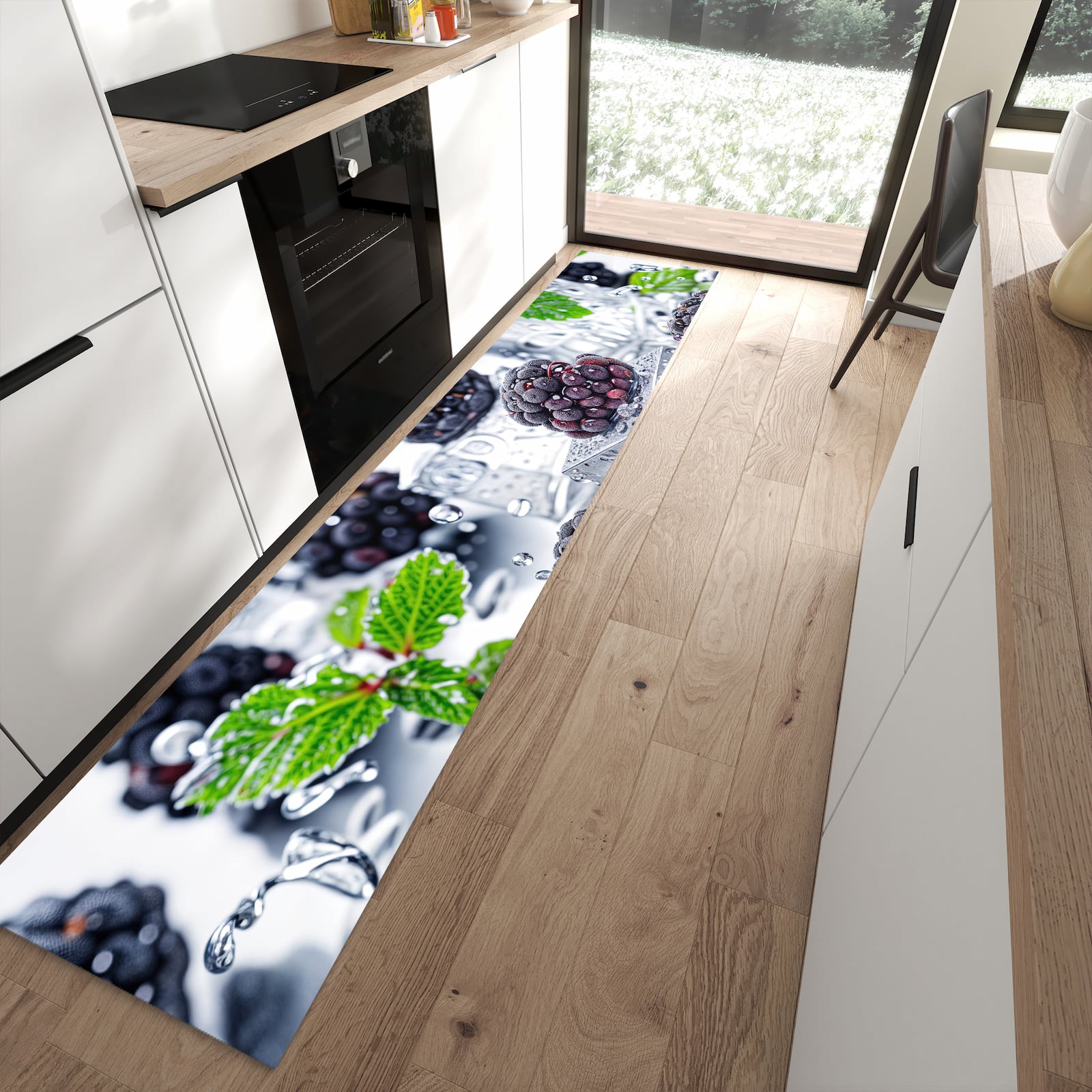 Farbbeständiger Küchenläufer mit Motiv Brombeeren Eiskalt in moderner Küche