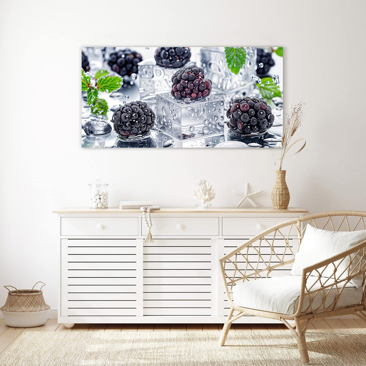 Echtglas, 4 mm – kein Acryl, keine Folie – Wandbild - Brombeeren auf Eis - Querformat