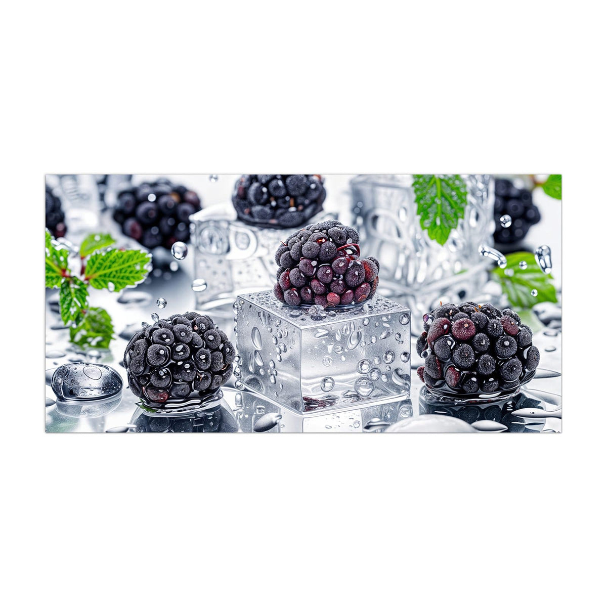 Küchenrückwand aus Glas Brombeeren auf Eis im Hochformat, Motiv bildfüllend von vorn