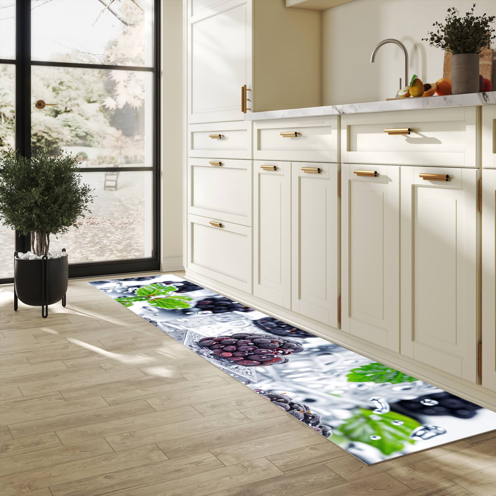 Waschbarer Küchenläufer mit Motiv Brombeeren Eiskalt für Trittkomfort in heller Küche