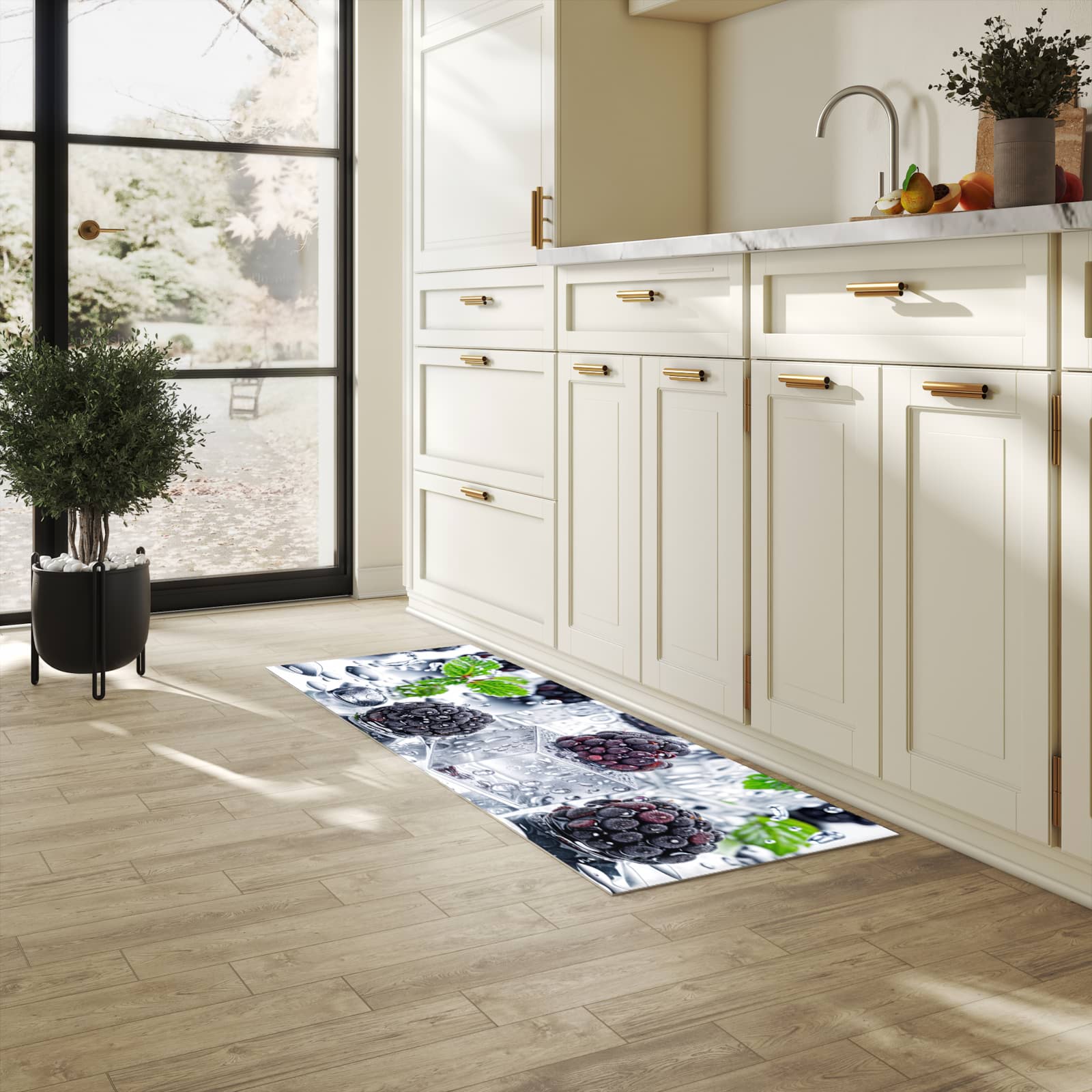 Geräuschdämpfender Küchenläufer mit Motiv Brombeeren Eiskalt in heller Küche