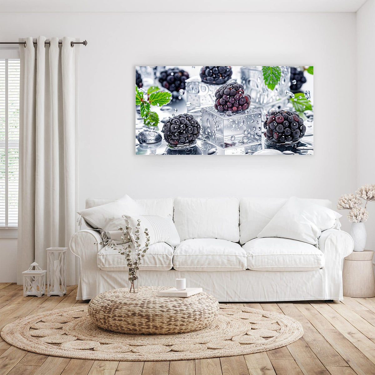 Wandbild - Brombeeren auf Eis - Querformat – Brombeeren auf klaren Eiswürfeln